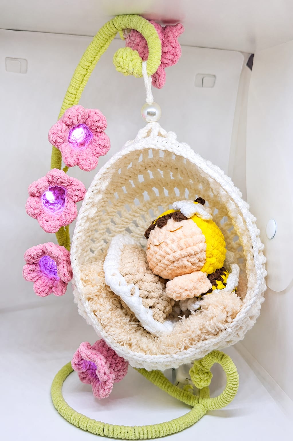 Handmade Crochet Sleeping Bee Lamp - Up Flower Basket Amigurumi Decor